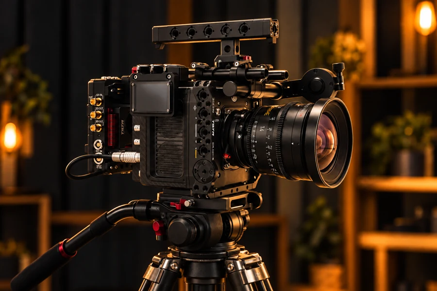 A cinema camera on a tripod in the studio